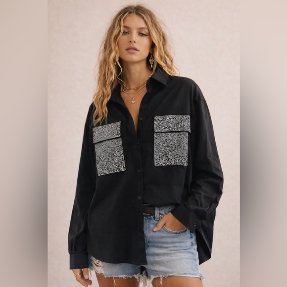 Tops - 014. Black Button-Up Shirt with Glitter Pockets